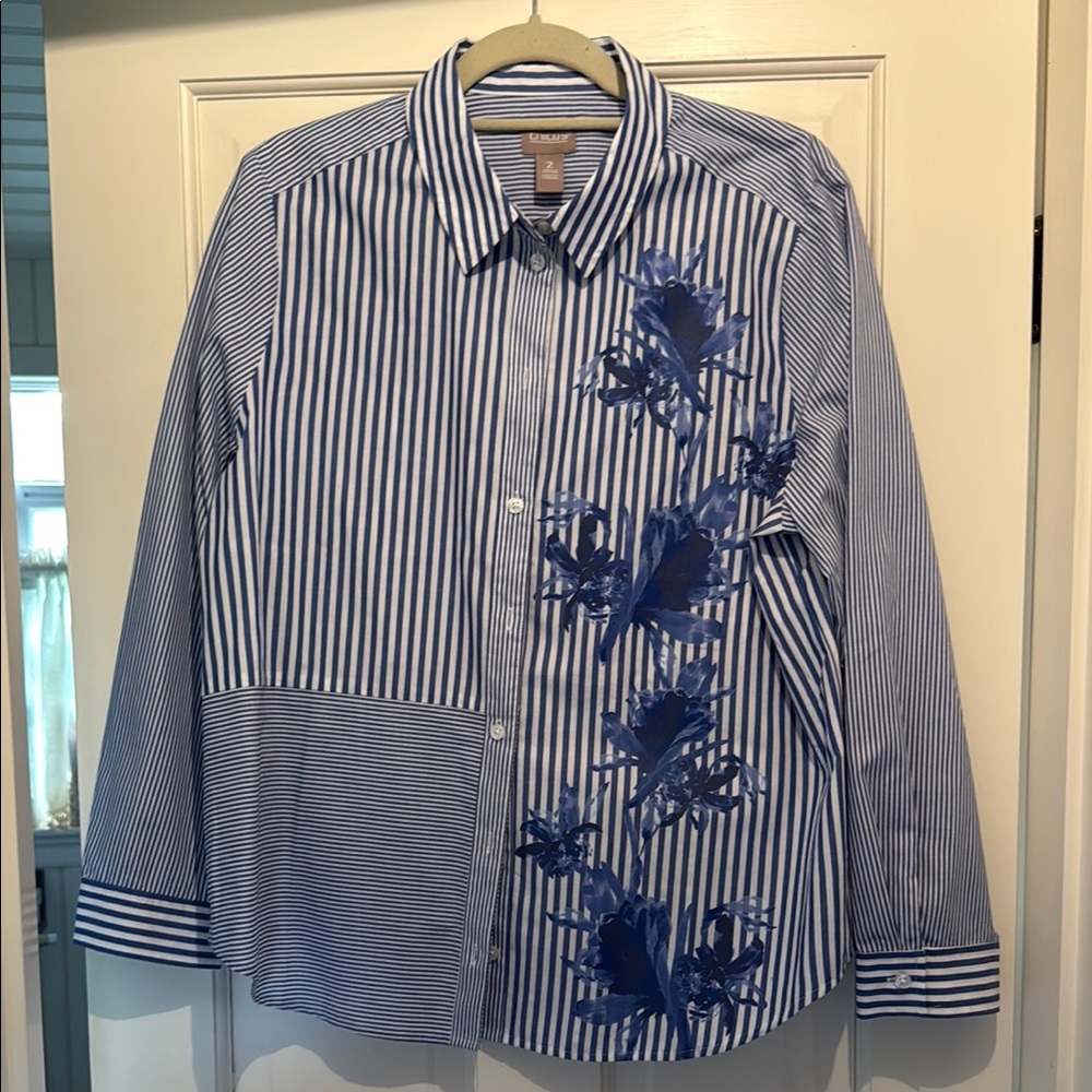 Chico's Striped Button Down Shirt with Blue Floral Accents